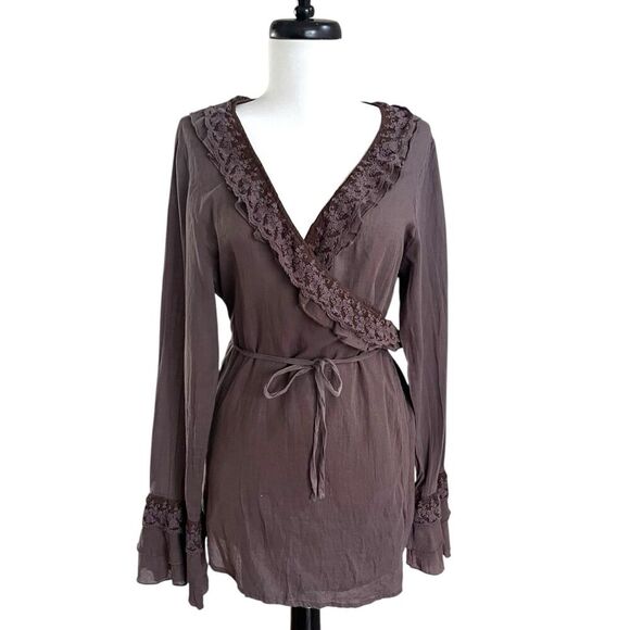 Sacred Threads Ruffled Wrap Tunic Top Sz L Brown Lace gauze Lagenlook Grunge - Picture 1 of 10